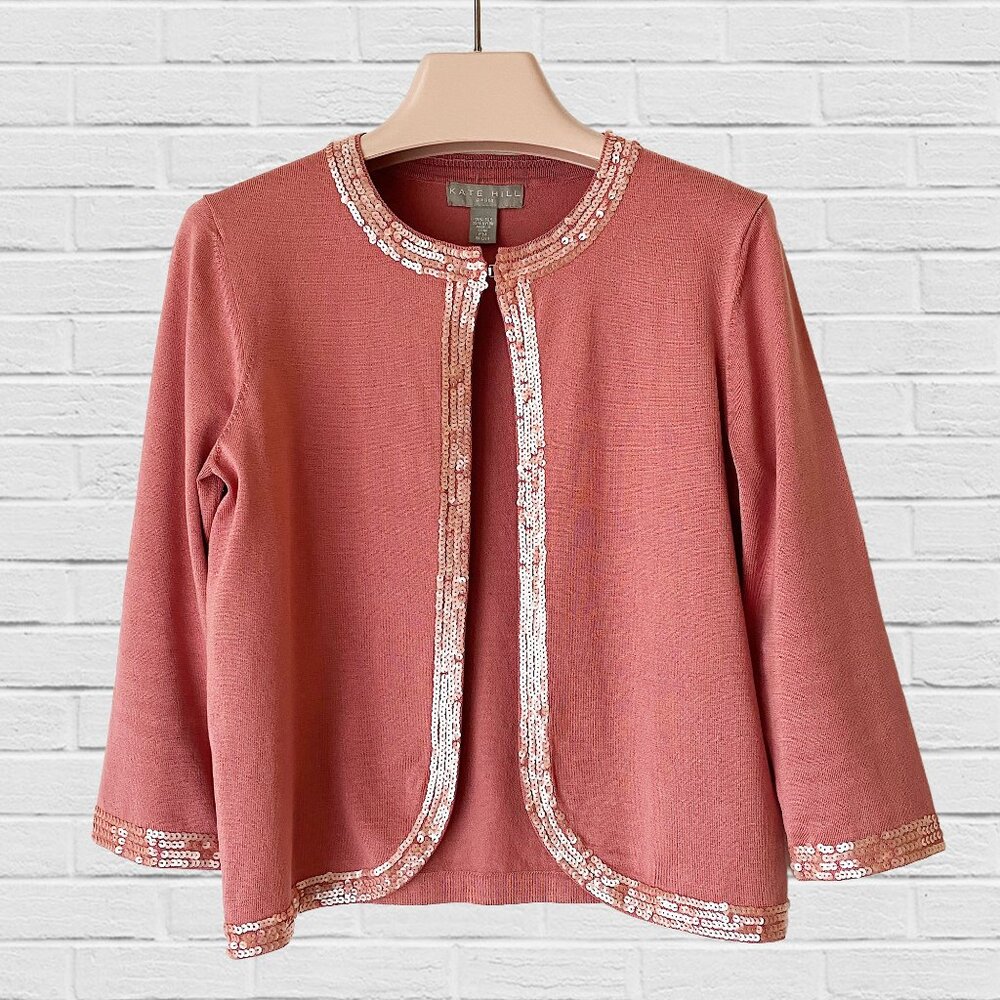 Kate Hill dusty rose sequin trim silk cardigan